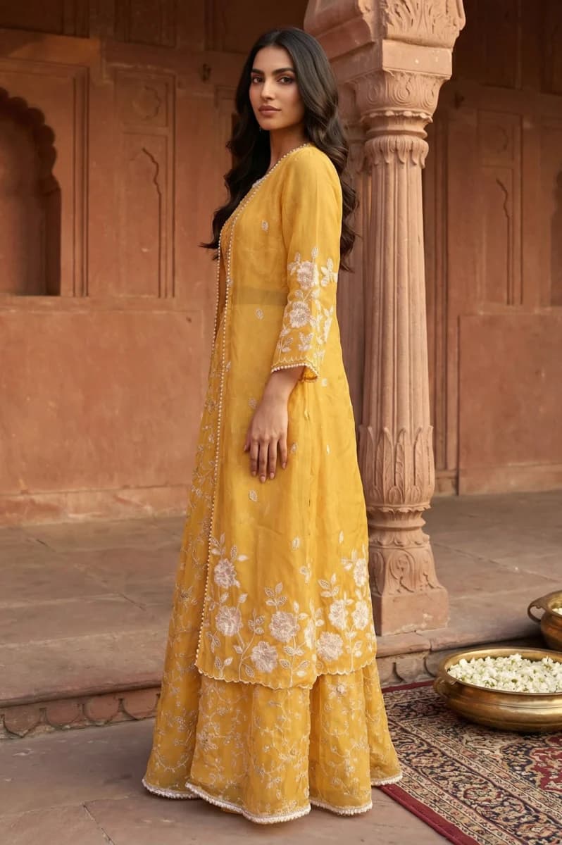 Aurelia Yellow Embroidered Georgette Crop Top with Sharara and Jacket Set - XXL / White image 3
