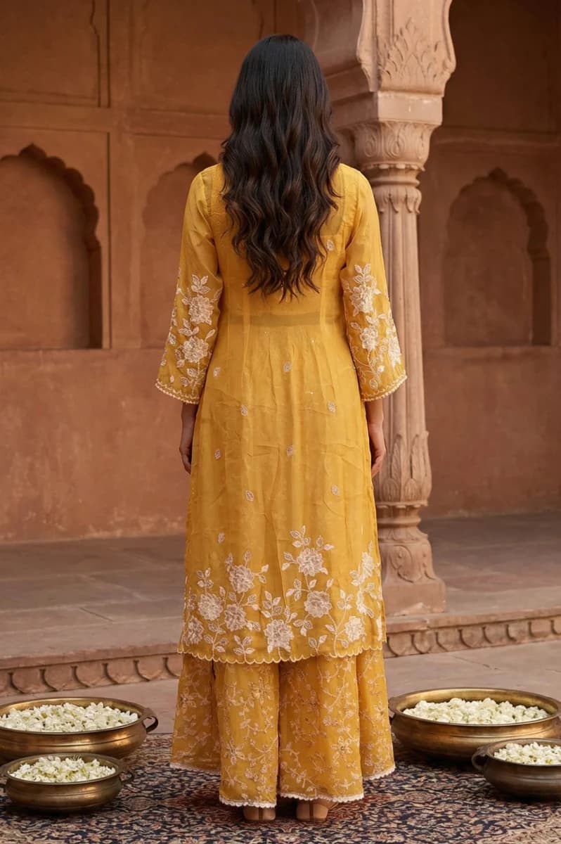 Aurelia Yellow Embroidered Georgette Crop Top with Sharara and Jacket Set - XXL / White image 4
