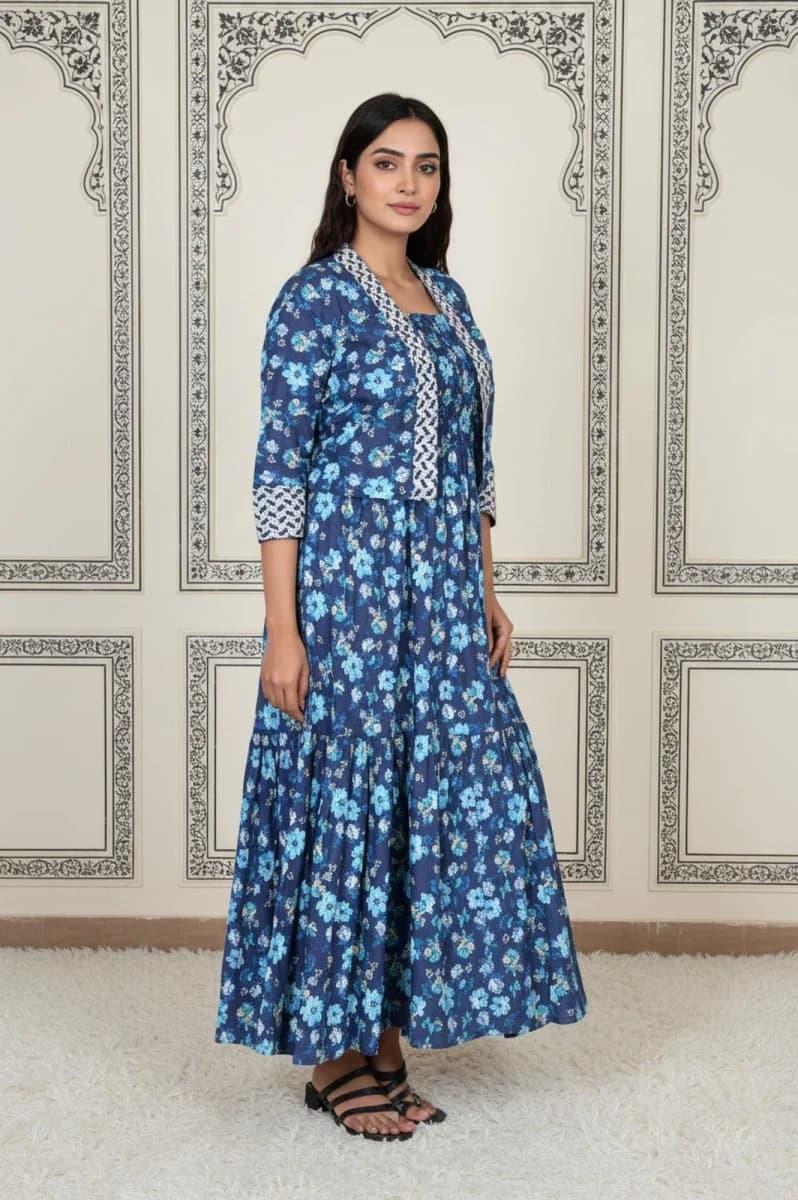Aurelia Blue Floral Printed Rayon Tiered Dress and Jacket Set - L image 4