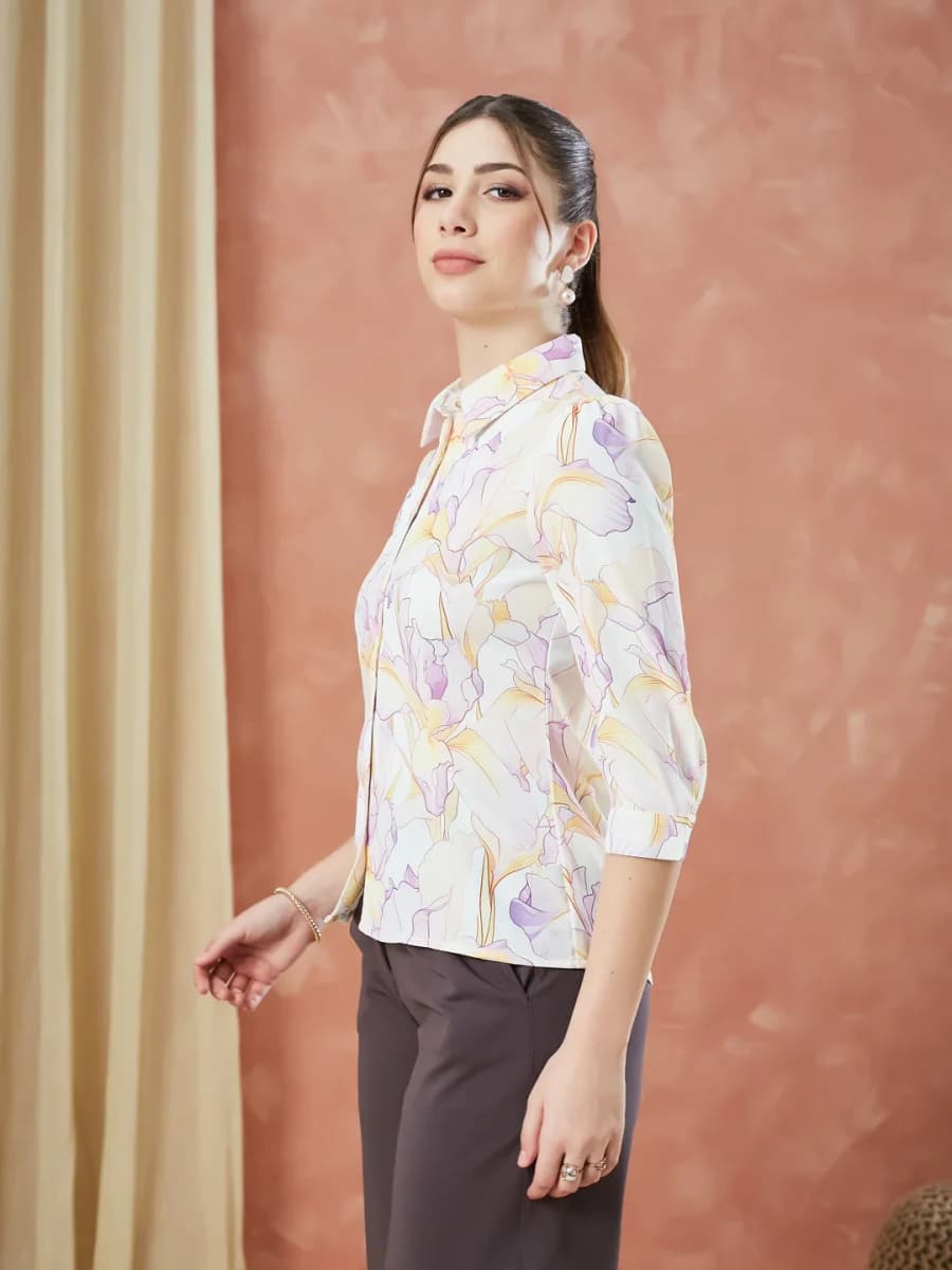 Latin Quarters Women's Ivory 3 / 4Th Sleeves Printed Collar Neck Formal Shirt - XXL / Ivory image 2