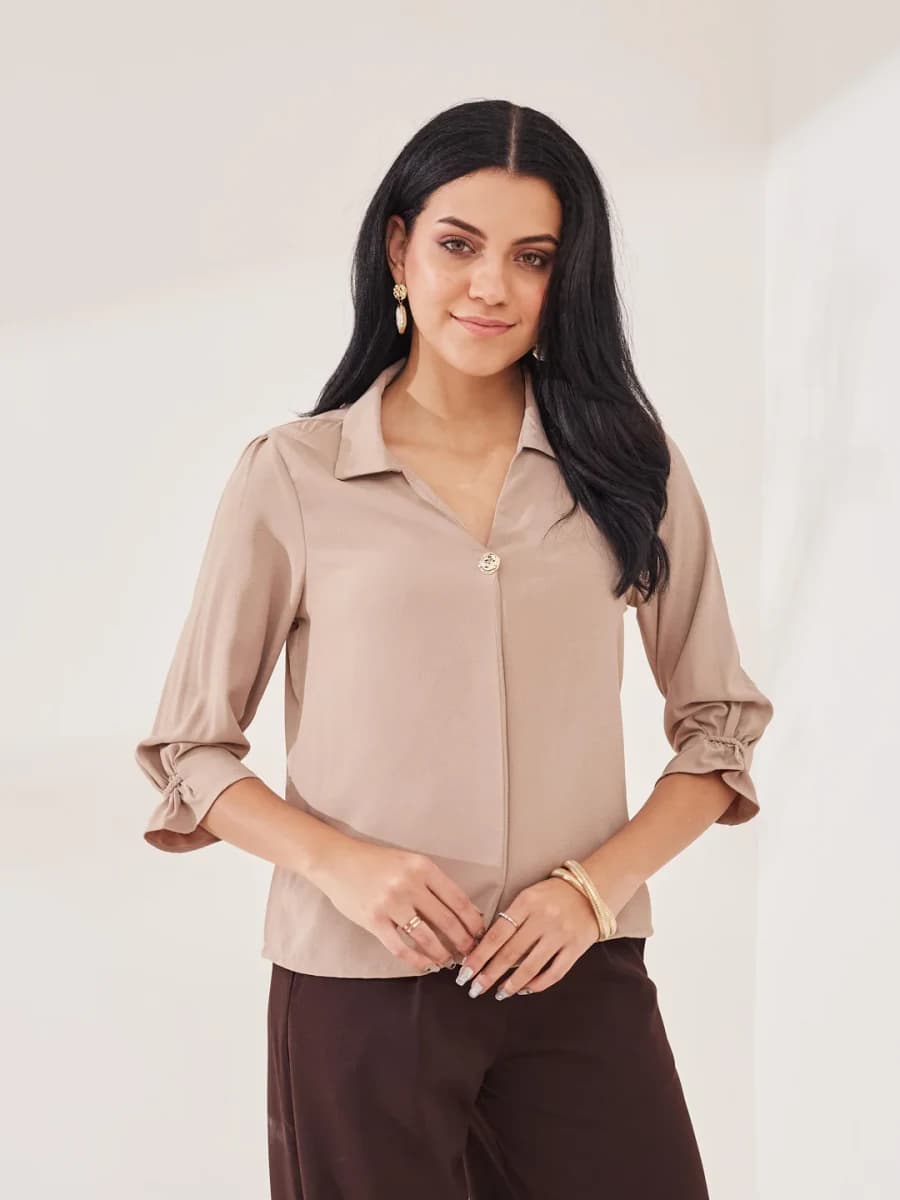 Latin Quarters Women's Beige Solid 3 / 4th Sleeve Collar Neck Casual Top (LQB11789) - S / Beige image 3