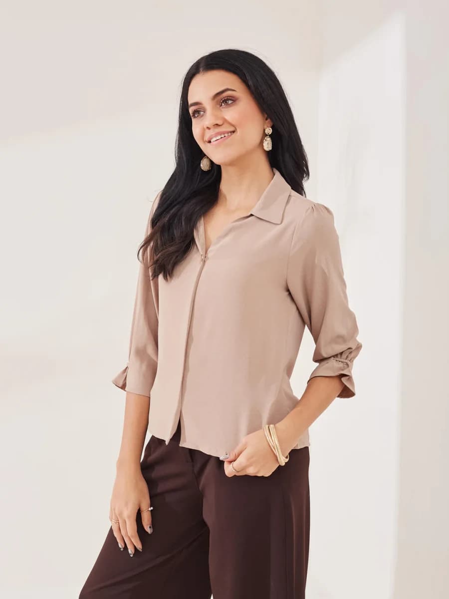 Latin Quarters Women's Beige Solid 3 / 4th Sleeve Collar Neck Casual Top (LQB11789) - S / Beige image 4