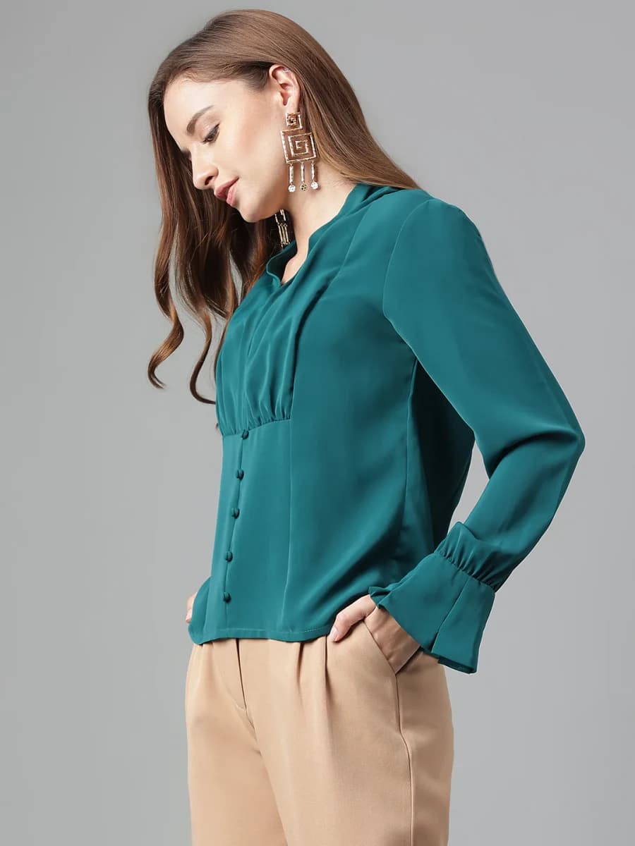 Latin Quarters Women's Green Full Sleeve V-Neck Casual Green Top (LQB10044) - S / Green image 3